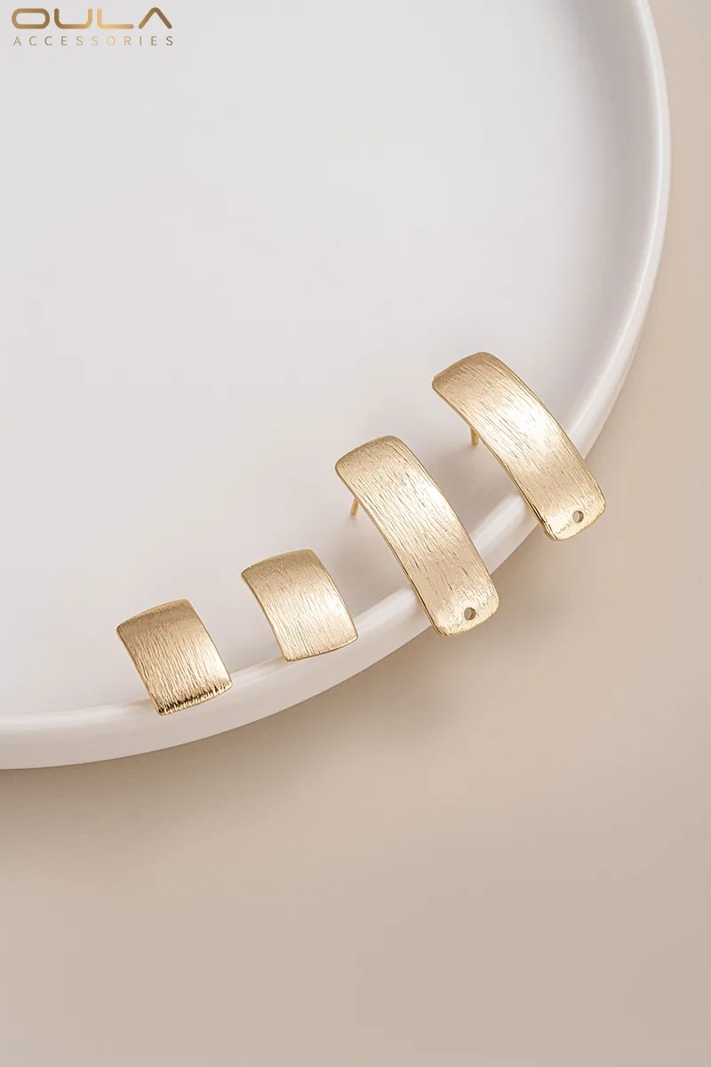 1Pair Brushed Geometric Rectangular Earrings 925 Silver Needles 14K Gold-Plated DIY Jewelry with Hanging Holes & Rings