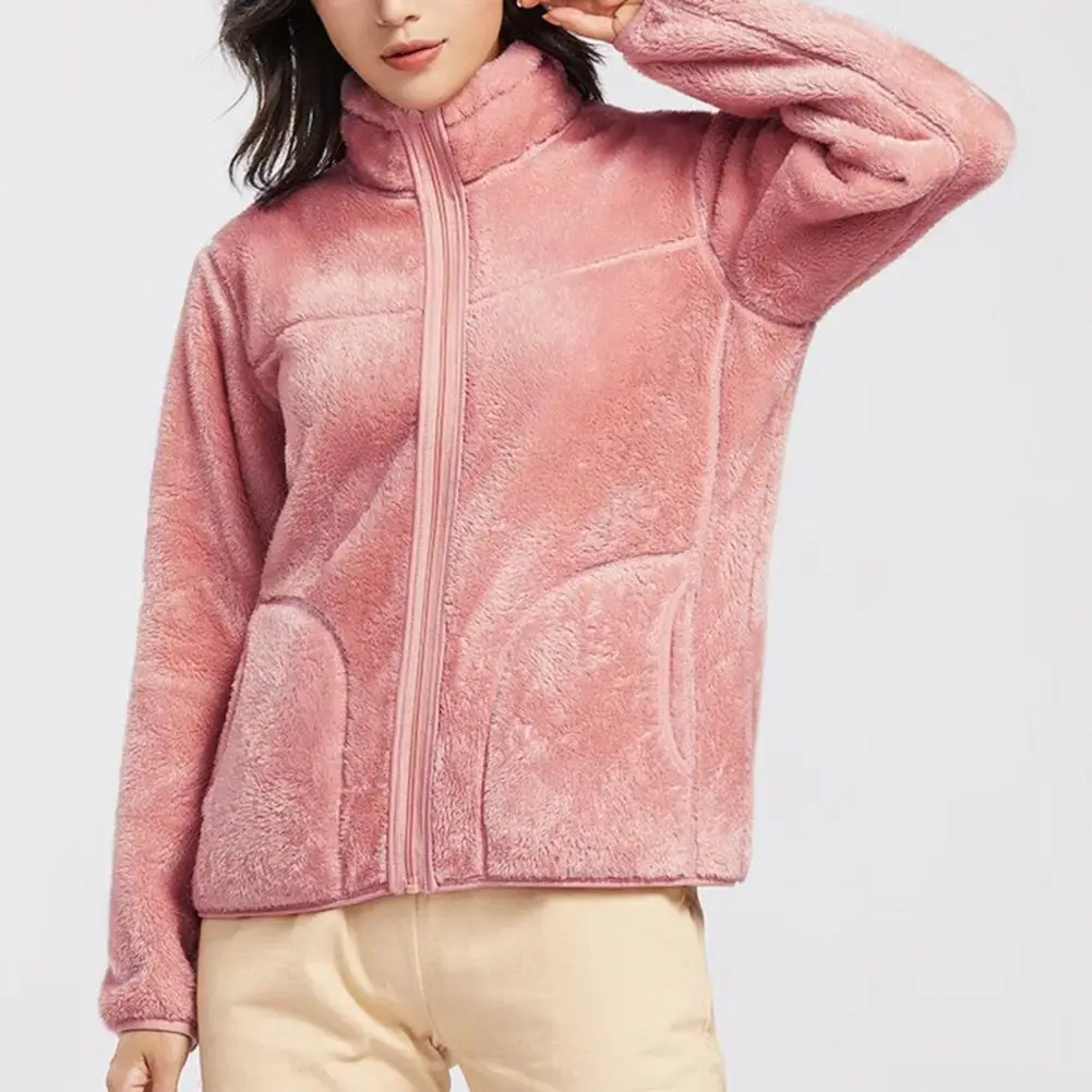 

Autumn Outerwear Cozy Stand Collar Women's Winter Jacket Thick Plush Windproof Warm Cardigan with Zipper Closure Women Polyester