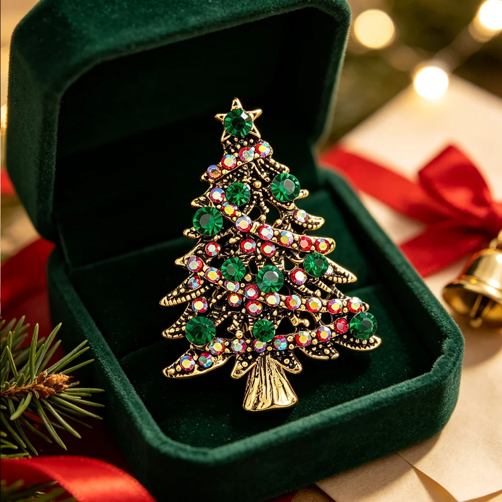 Vintage Rhinestone Christmas Tree Brooch Multi‑Color Crystal Inlaid Lapel Pin Metal Xmas Holiday Party Badge Gift for Women