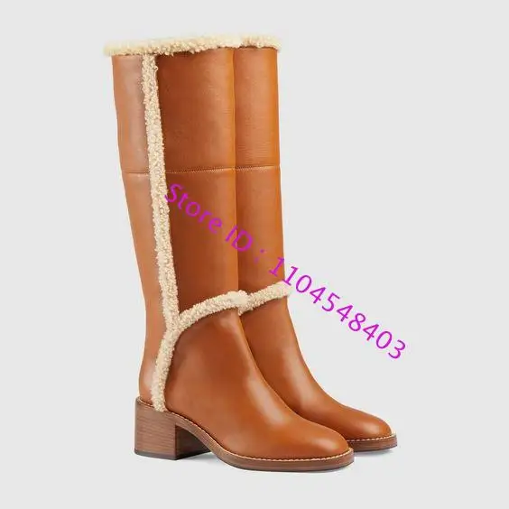 

Leather Warm Fur Knee High Design Boots Lady Round Toe Low Heel Orange Fluffy Boots Winter Show Fashion Women Fur Leather Boots