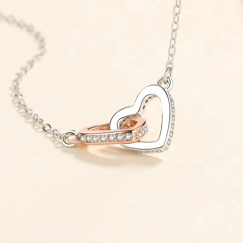 S925Plata corazón a corazón doble anillo collar de plata estilo coreano colgante Simple cadena de clavícula regalo del Día de San Valentín plata Acc