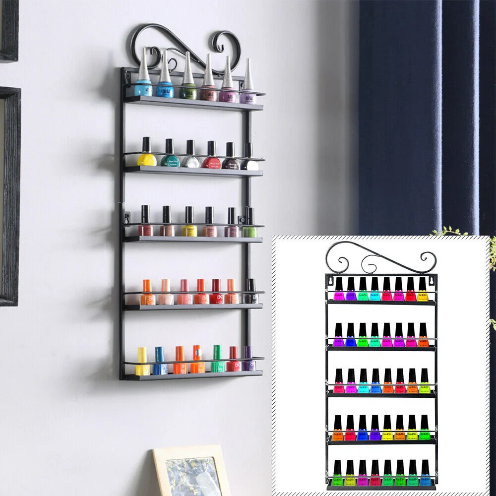 

5 Tier Nail Polish Display Metal Rack Wall Mount Organizer Makeup Shelf Holder 50 Bottles for Home