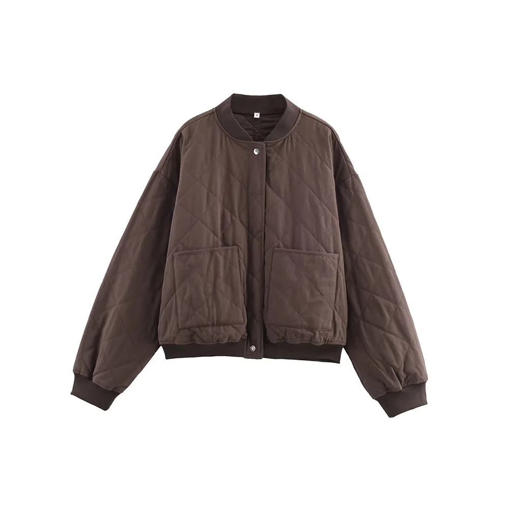 

Осенняя новая женская стеганая куртка-пилот большого силуэта с низким ребристом воротником