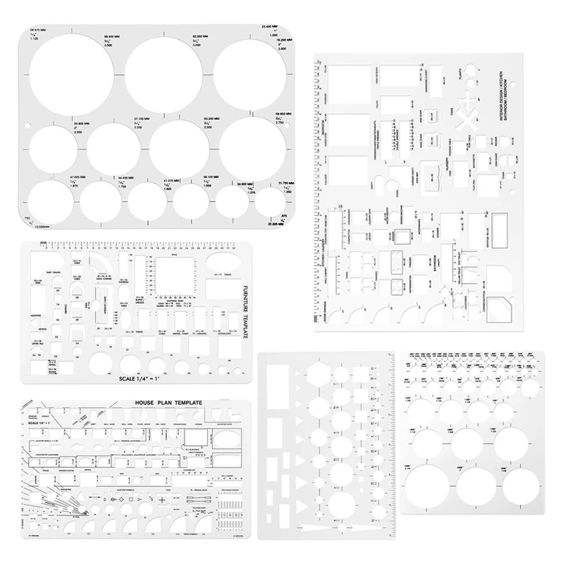 Drawing Template 6pcs Circle Template for Drafting, Geometric Shape Stencils Circle Square Measuring Ruler