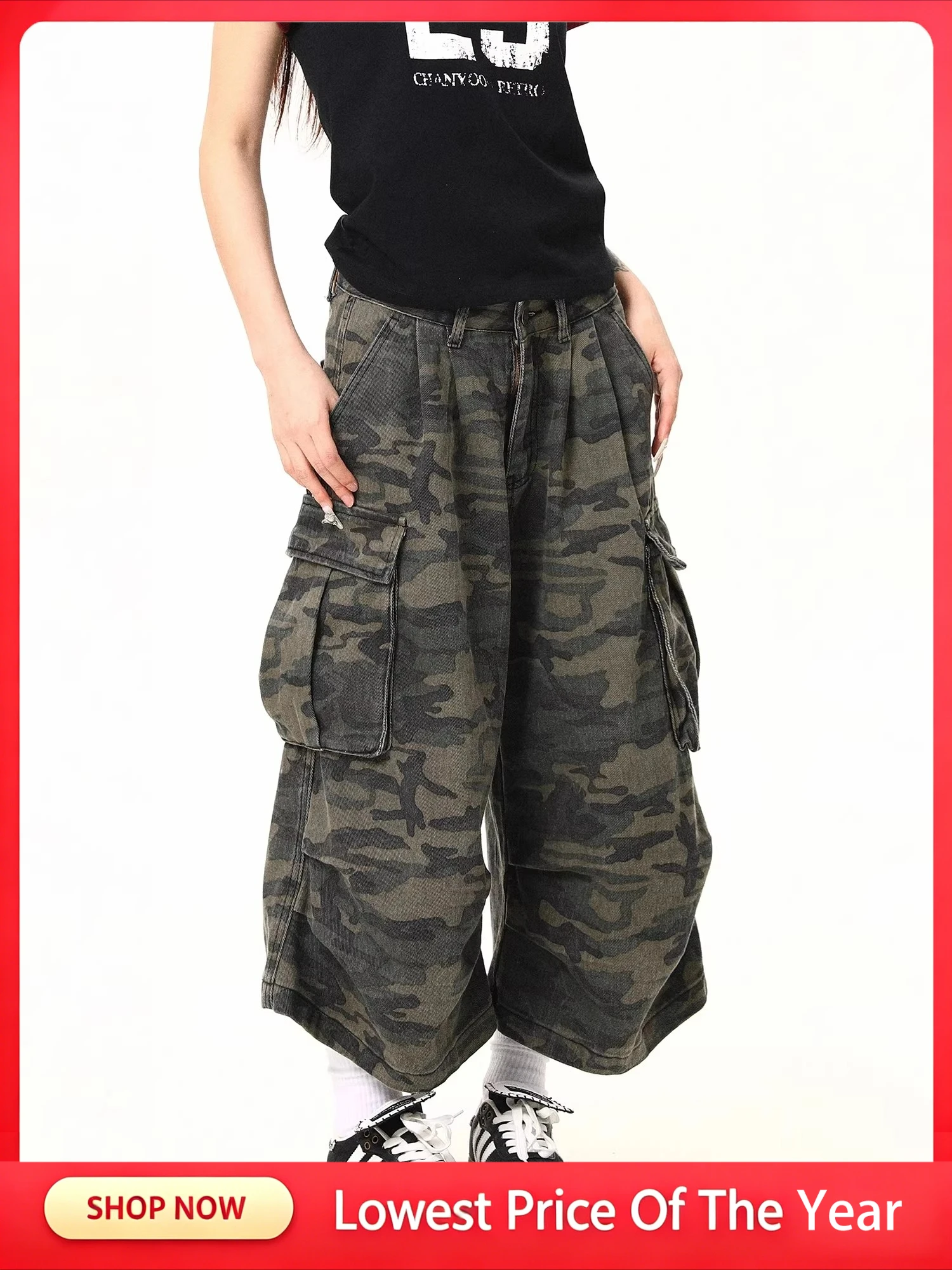 American Style Y2K Camouflage Workwear Jeans Loose Straight Leg Wide Leg Seven-Quarter Short Pants for Men and Women