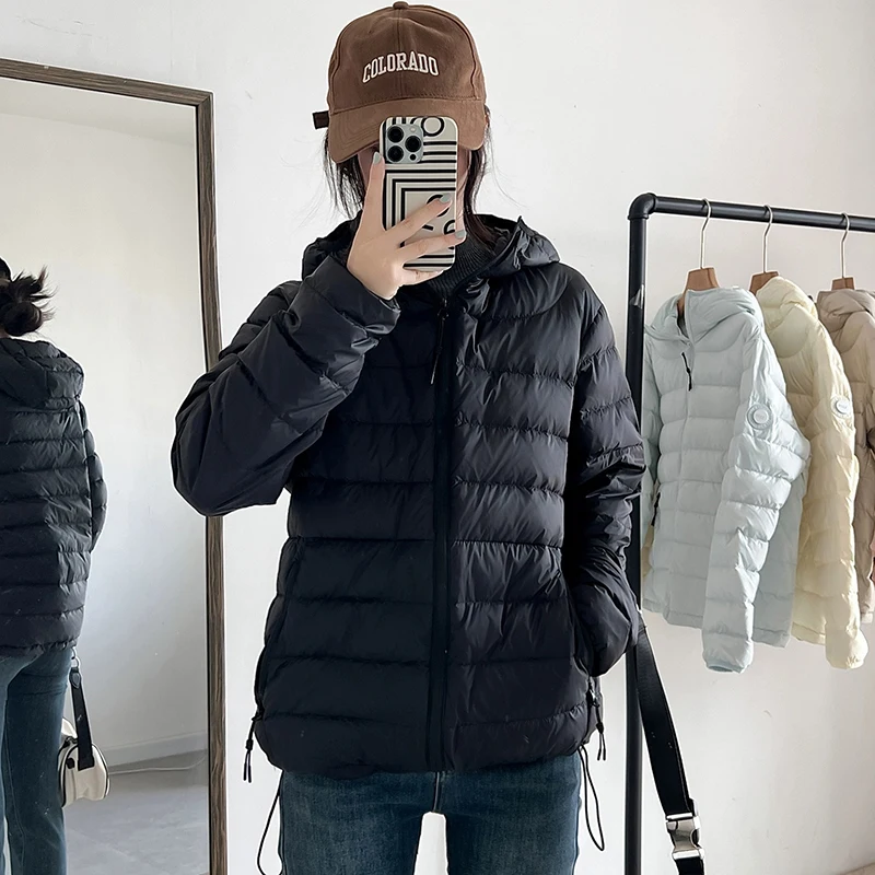 

Зимний шикарный легкий пуховик с капюшоном, женский пуховик на молнии с завязками, теплая парка, верхняя одежда, женский однотонный пуховик на белом утином пуху