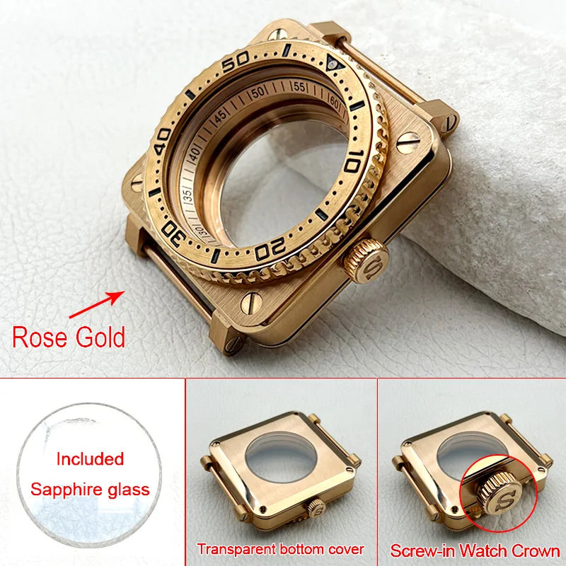 

42mm Rose Gold SKX007 SKX009 Style Pilots Cockpit Square Watch Cases Fits NH35 7S 4R Movement Men Diving Watch Case Custom
