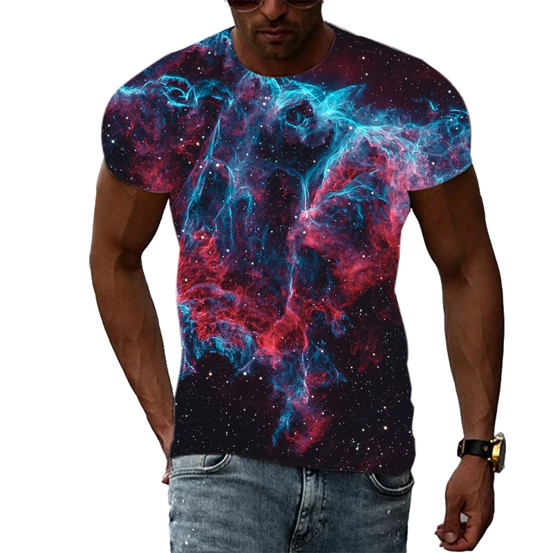 2022 Summer Men\'s Casual T-Shirt Galaxy Pattern 3D Three-dimensional Printing Fashion High Street Short Sleeve Oversized Top