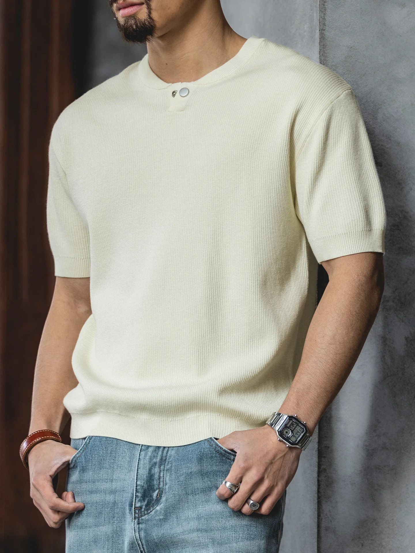 Skin-friendly Loose Knitted Short Sleeve Henry Collar Men's T-shirt Casual Summer Commute Top Breathable Comfortable Male Tee
