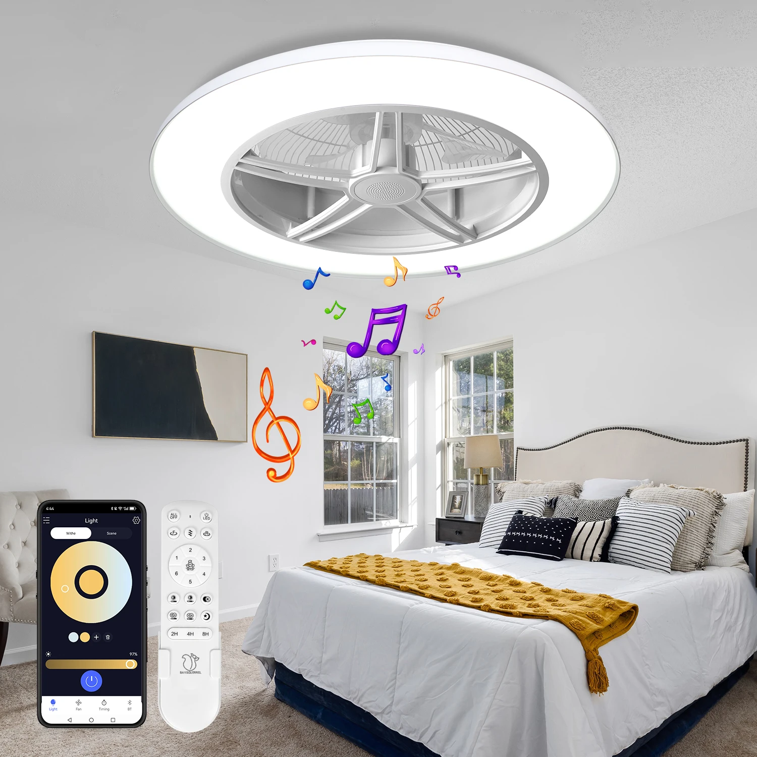 Ceiling Fan Low Profile Flush Mount - 얇은 디자인의 천장 선풍기(조명 포함), 블루투스
