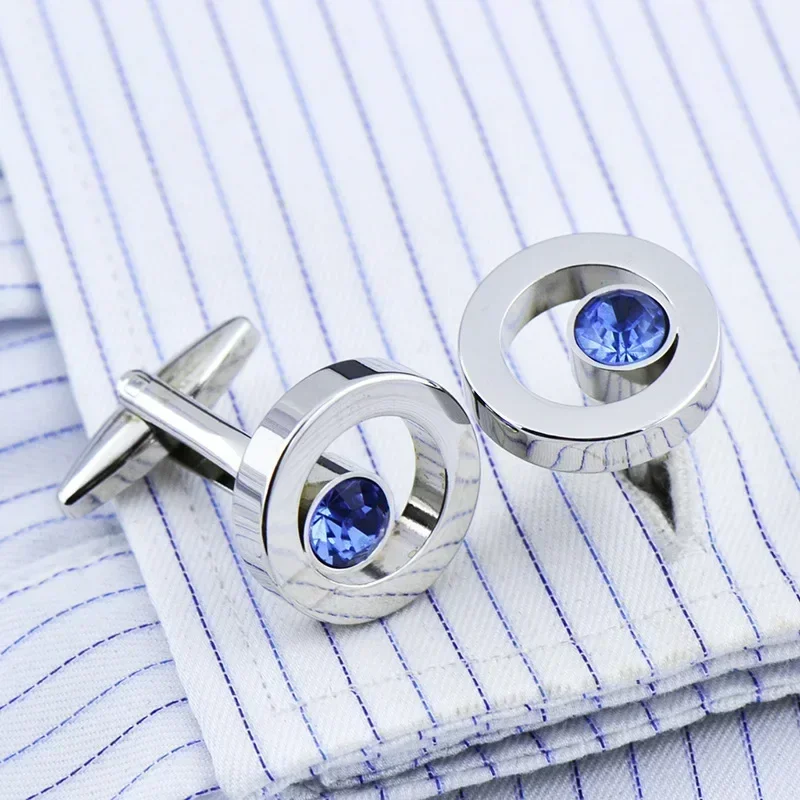 French Shirt Cufflinks Men\'s and Women\'s Business Banquet Wedding Speech Gifts Simple High Grade Metal Blue Crystal Cuff Links