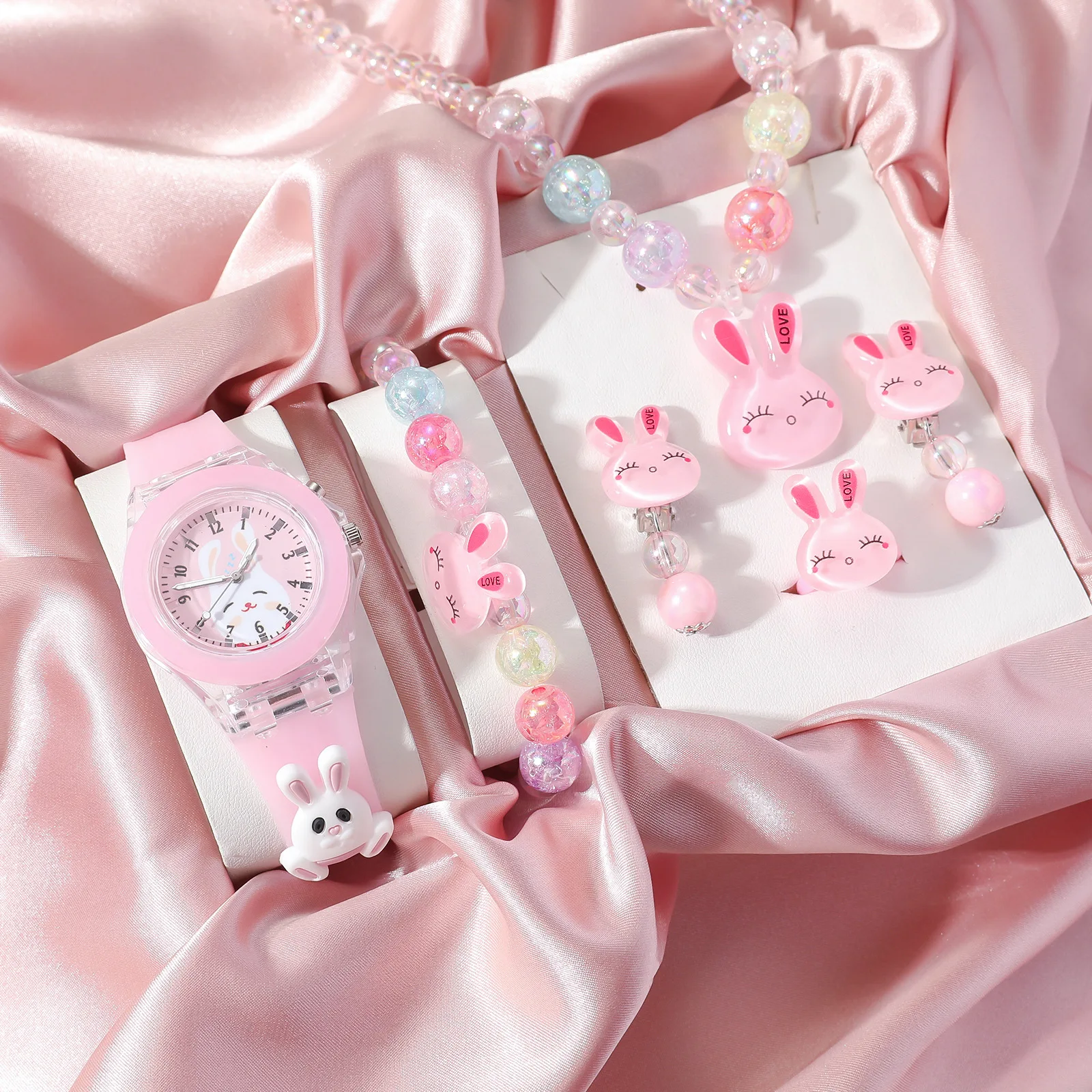 6Pcs Pink Bunny Flashing Light Kids Watch Jewelry Set Cartoon Quartz Wristwatches for Girls Children School Birthday