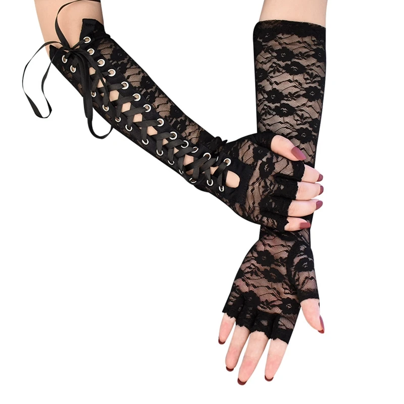 1 Pair Halloween Retro Sexy Women Long Gloves Lace Corset Arm Elbow Fingerless Black Glove