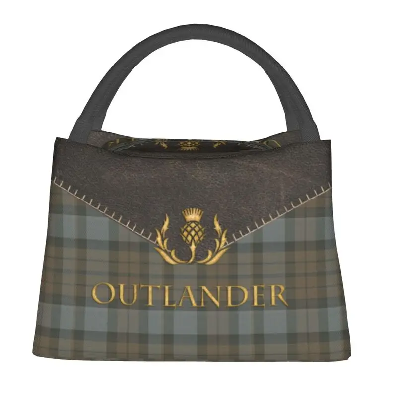 Custom Outlander Leather And Tartan Resuable Lunch Box Women Leakproof Scottish Art Cooler Thermal Food Insulated Lunch Bag