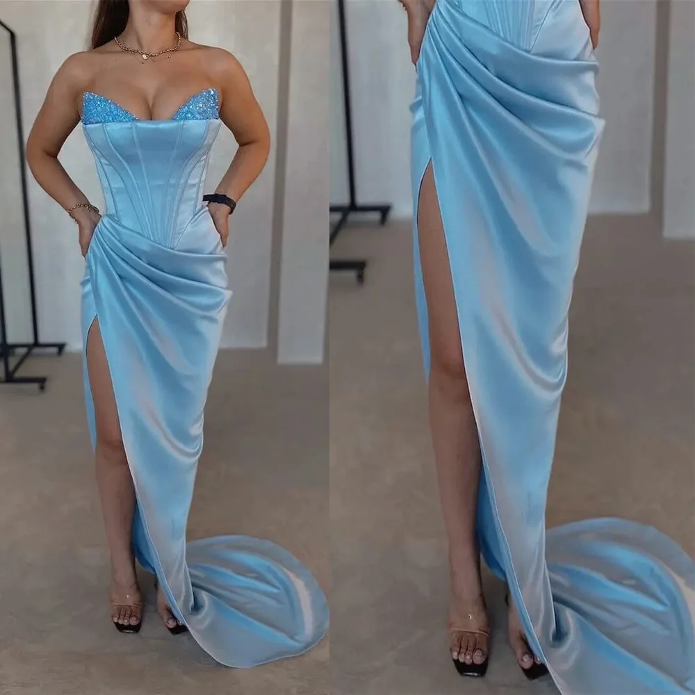 

Sweetheart Collar Satin Pleated Corset Evening Dress with Sequins Sheath Backless Long Train Side Slit Prom Gown Customized