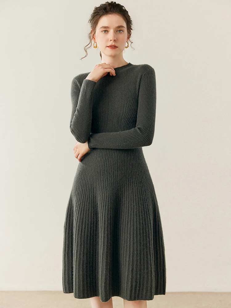 TLOML Women 100% Cashmere Dresses Mock Neck Waist Cinching Dresses Knee Length Slim Autumn Winter Office Lady Cashmere Knitwear