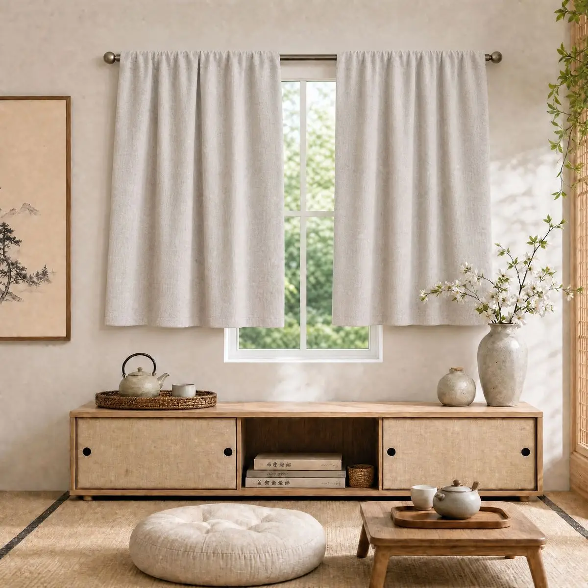 2 Pieces of Beige Vintage Simple Blackout Small Curtains, Faux Linen Polyester Fabric, Black Blackout Lining, 100% Blackout, Privacy Protection, Rod Pocket, Washable, Suitable for All Seasons, Bohemian Style, Coffee-Colored Curtains, Suitable for Kitchen, Bathroom, Bay Window, Corridor, Living Room, Bedroom, Dining Room, Office