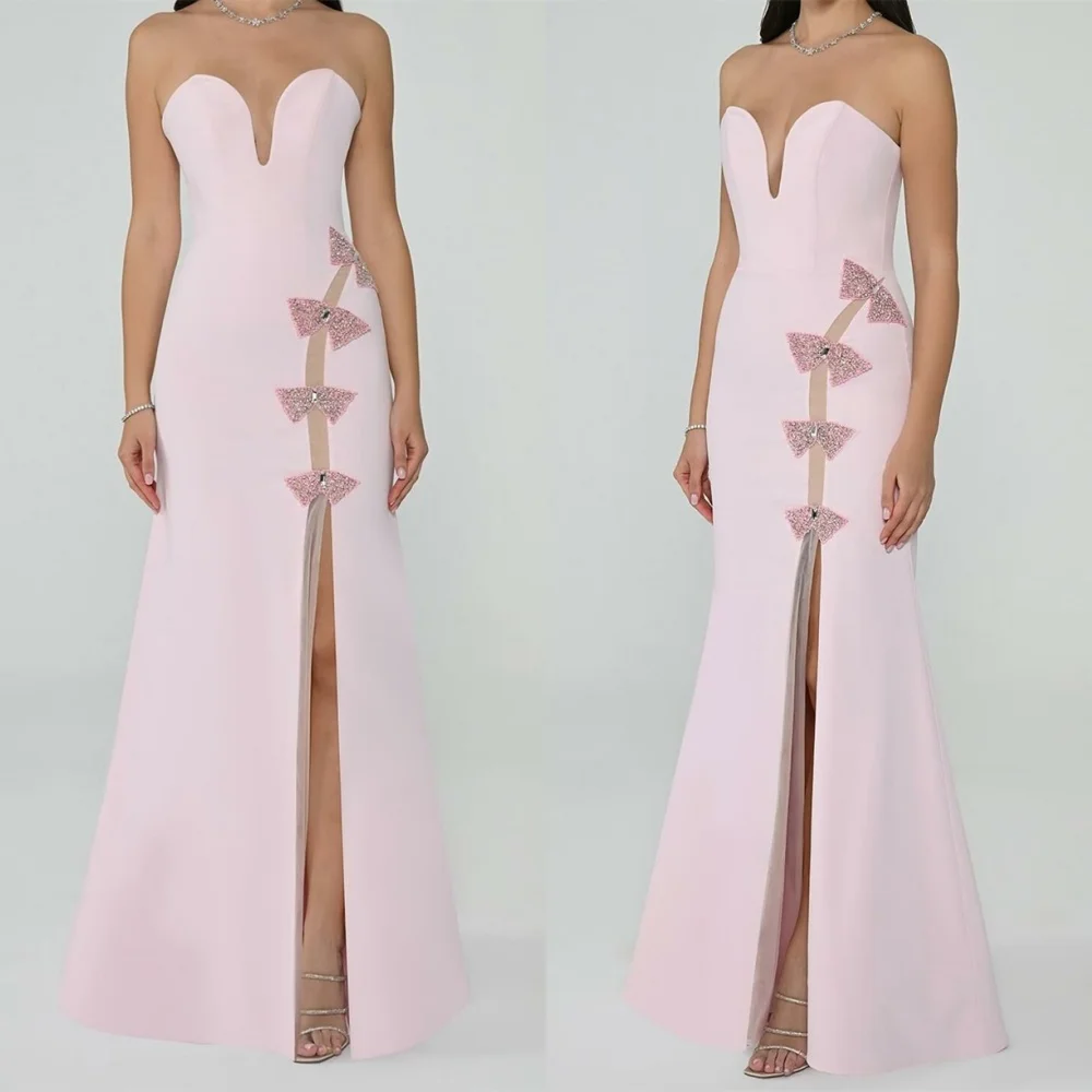 Robe De soirée en Satin rose, personnalisée, exquise, haute qualité, sans bretelles, épaules dénudées, sirène, fermeture éclair au dos