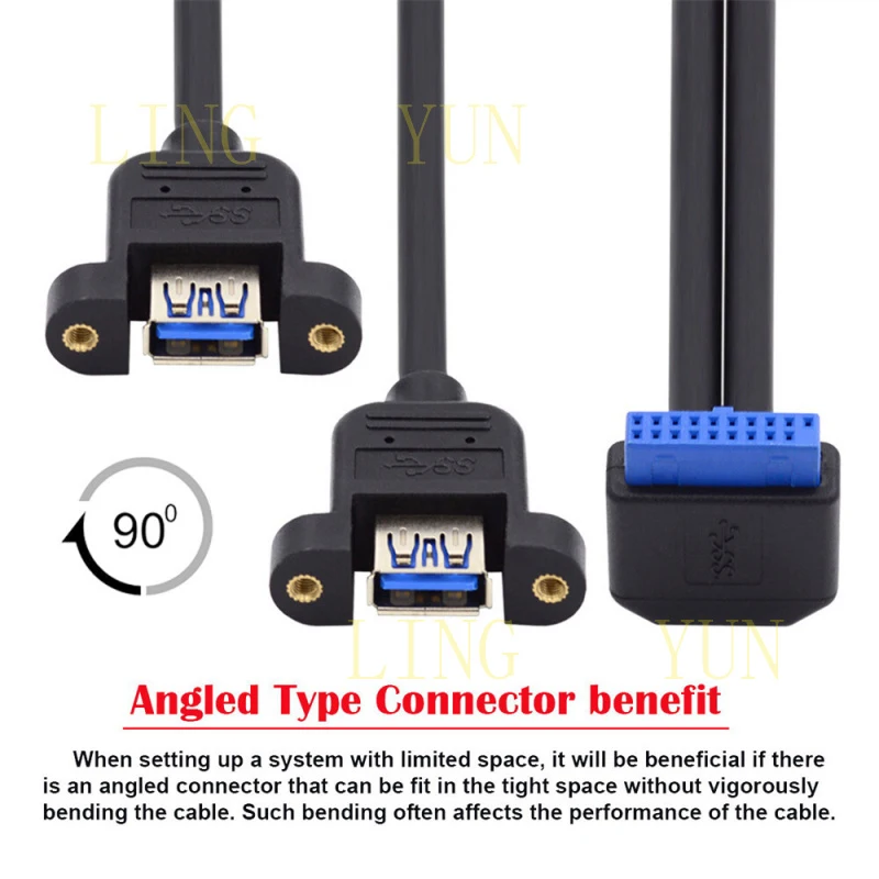 Z  CY Angled 19/20Pin Header to USB 3.0 Dual Ports Screw Mount Type Cable 5Gbps