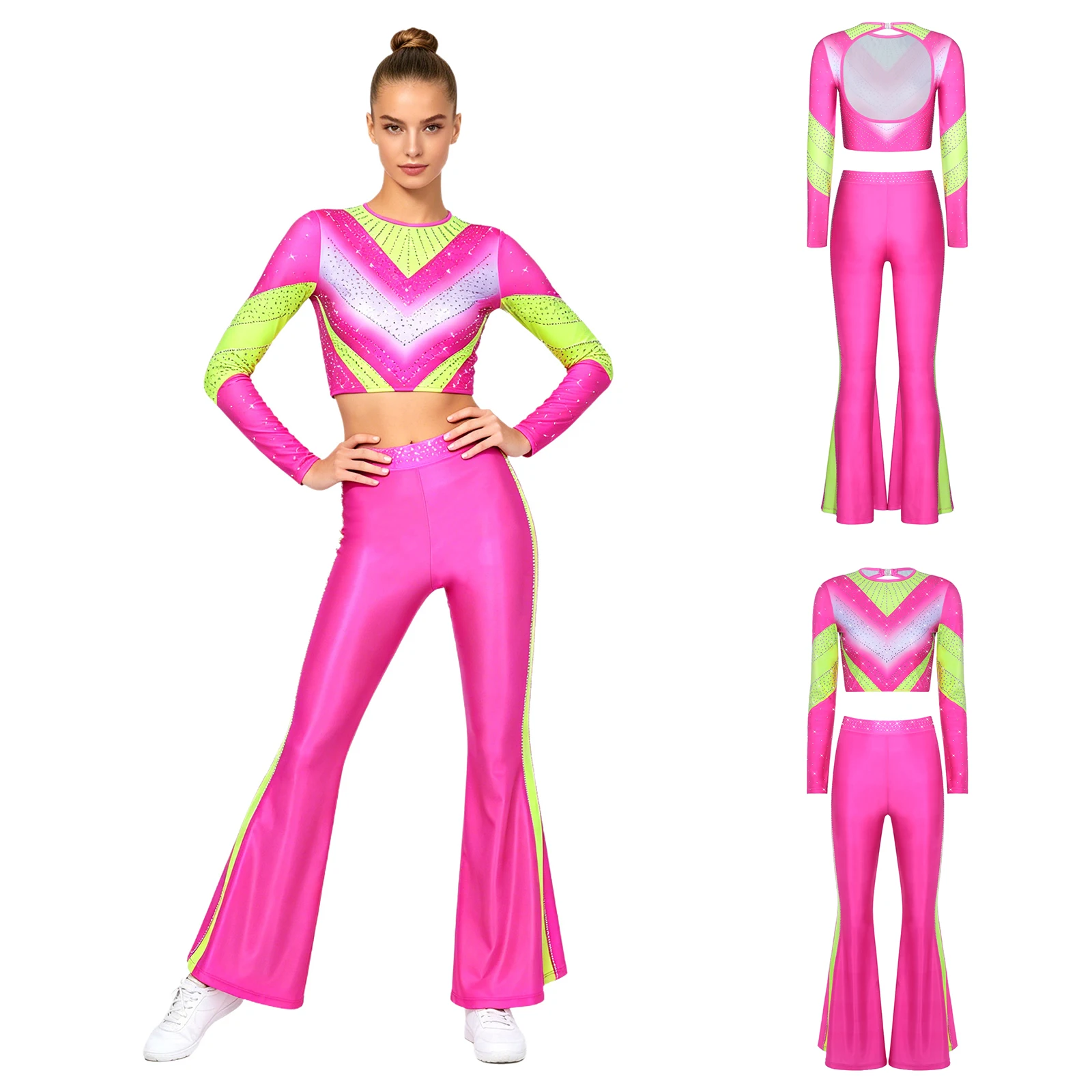 Women Long Sleeve Shiny Rhinestone Rhythmic Gymnastics Crop Top with Flared Pants Acrobatics Skating Dance Performance Outfit
