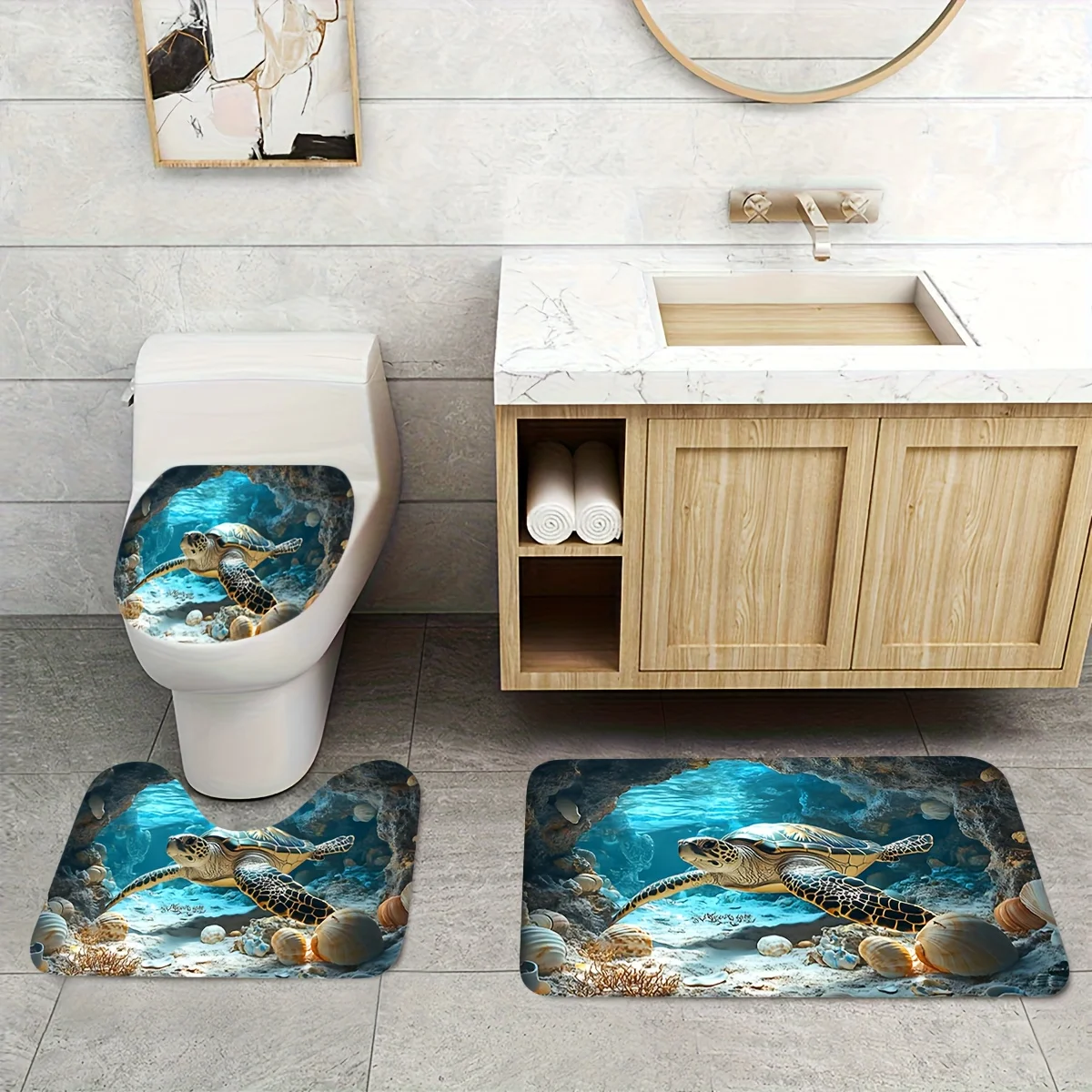 

3шт. ​ ​ Набор ковриков для ванной Turtle Hatchling — нескользящий фланелевой коврик и чехол для причудливого декора ванной комнаты и стиля любителей природы ​