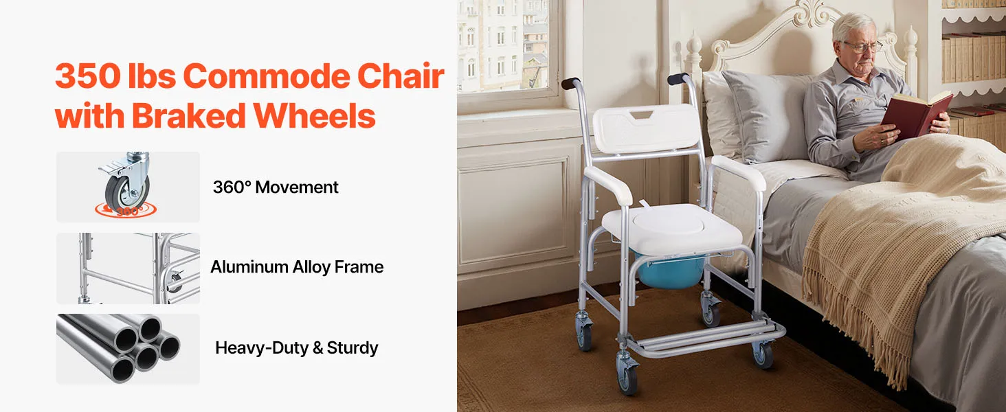 SucceBuy 350 lbs Bedside Commode Chair with Wheels 4-in-1 Portable Raised Toilet Seat with Padded Seat/Backrest/Flip-up Footrest