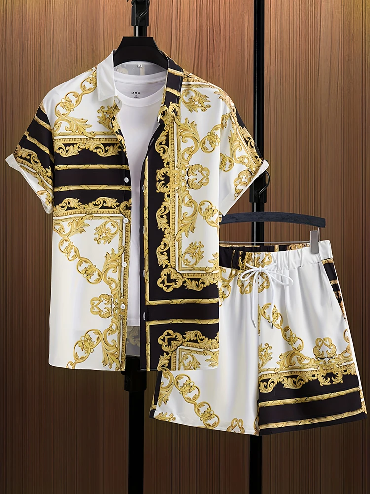 Summer Men's Short Sleeve Shirt And Beach Shorts Set Ethnic Print Outdoor Street Men's Fashion Shorts Men's Short Sleeve Shirt