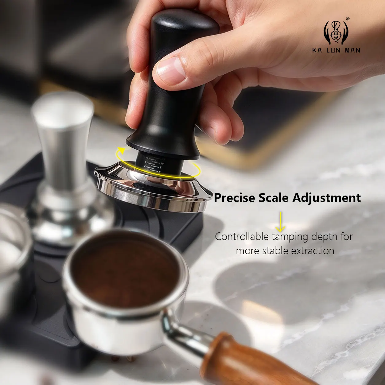 Espresso Tamper, Stainless Steel Threaded Bottom, Aluminum Alloy Body, Available in Silver and Black, Dimensions: 51.53.58mm.