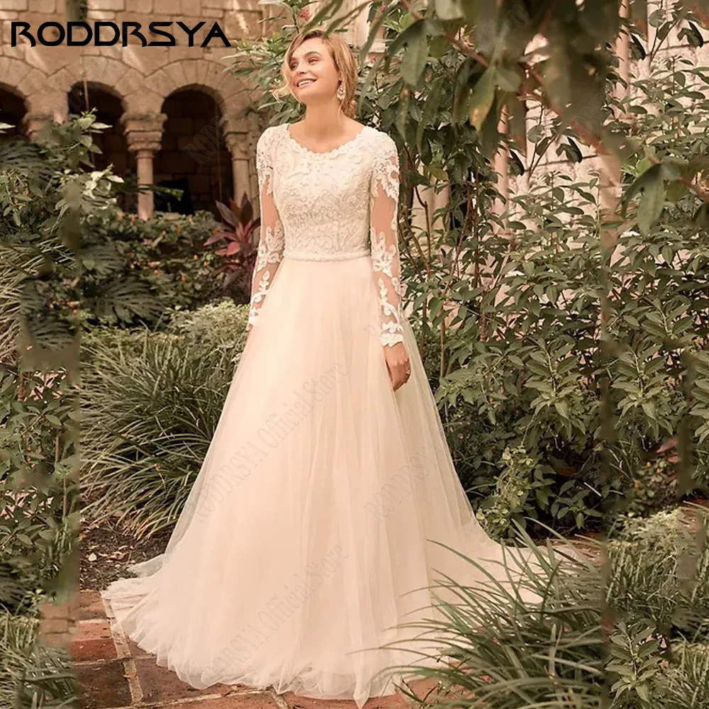 RODDRSY-vestido de novia de manga larga, traje de novia con cuello redondo, corte en A, apliques de encaje, talla grande, 2024Vestido de novia de manga larga roddrsy 2024 novia o cuello a calcomanía de encaje de vestid