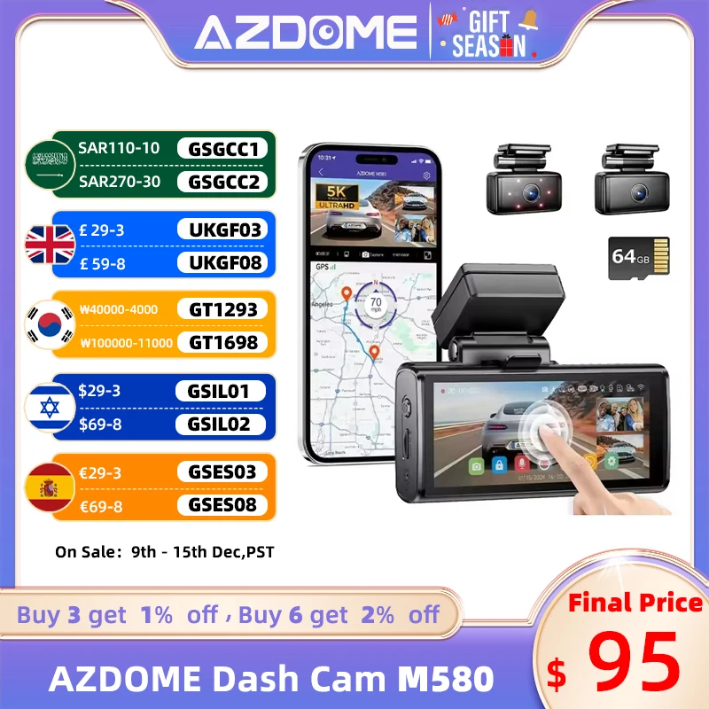 AZDOME 3 Channel Dash Cam M580 Car Camera WiFi GPS 4K+1080P+1080P Front and Rear Inside Dashcam IR Night Vision Driving Recorder