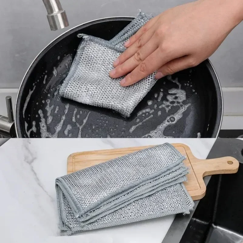 Mesh Steel Wire Cleaning Cloths Non-Scratch Non-stick Oil Double-layer Metal Rags Kitchen Sink Faucet Dishwashing Scouring Pad