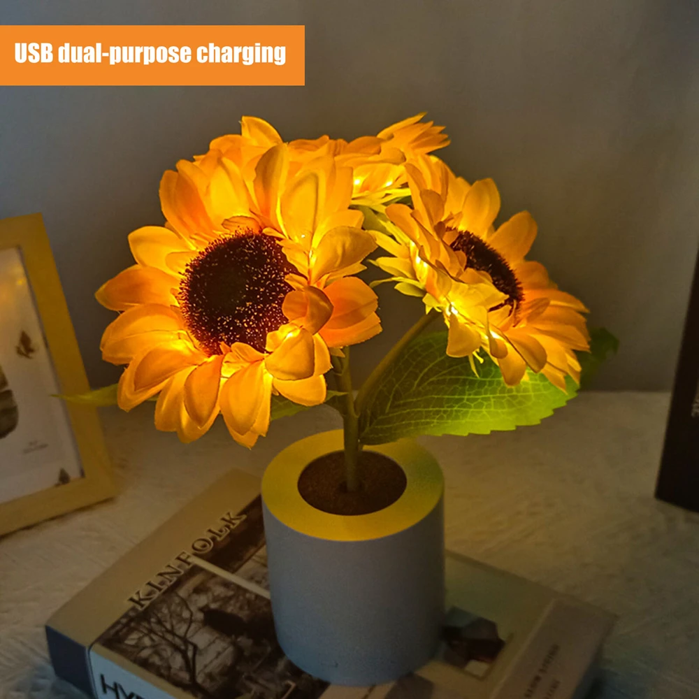 

LED Sunflower Night Lamp Rechargeable Creative Artificial Sunflower Table Lights for Study Bedroom Bedside Decor Atmosphere Lamp