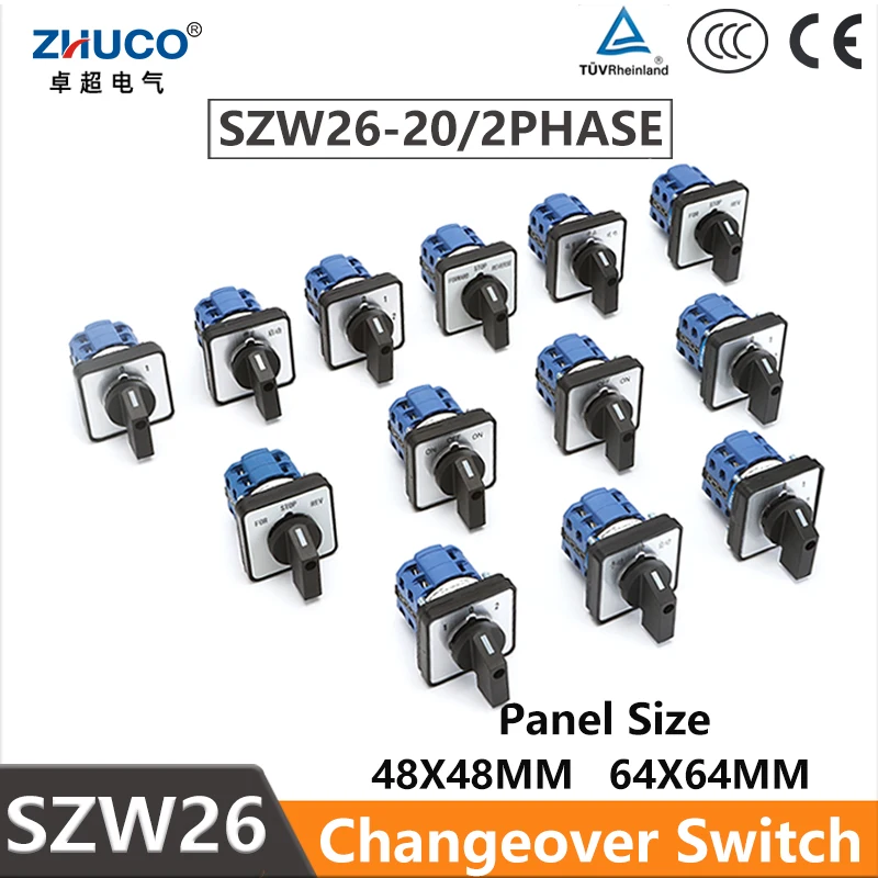

ZHUCO SZW26/LW26-20 20A 660V 2 Phase 8 Screws Terminals 64X64/48X48 mm Panel Mount Knob Selector Cam Rotary Changeover Switch