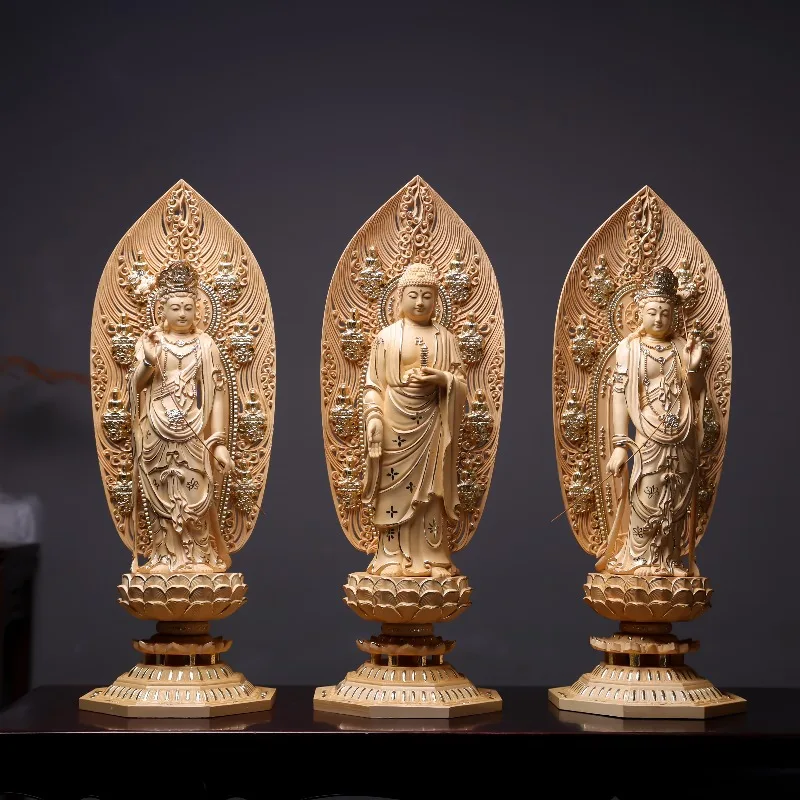 Hand-Carved Hinoki Wood Gilded Oriental Trinity Buddha Statue - 17.7