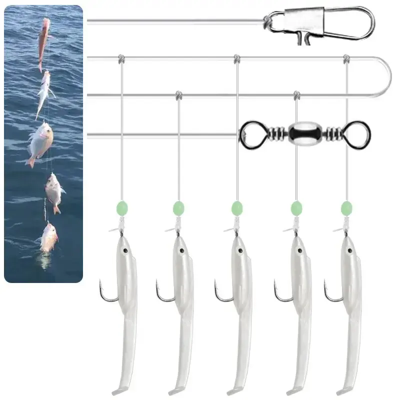 WEIHE 5pcs/set 1# Eel Soft Lure Sabiki Hook Ocean Fishing String Hook Artificial Pike Wobblers Swimbait Tackle