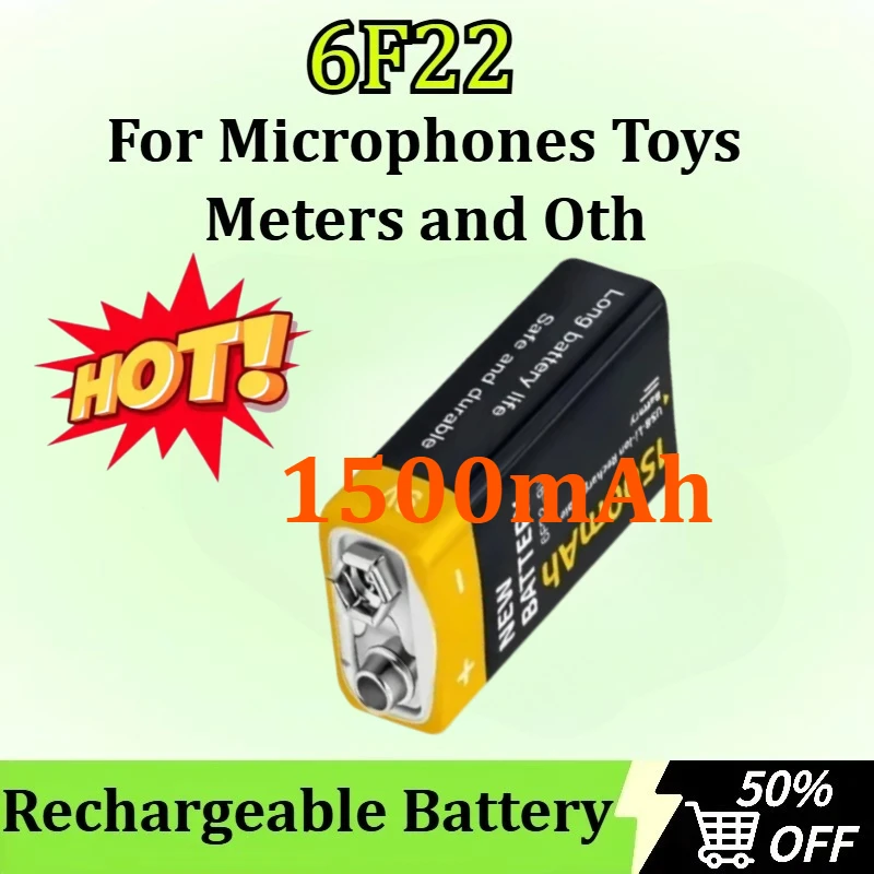 

For Microphones Toys Meters and Oth 9V 6F22 1500mAh USB Rechargeable Lithium-Ion Battery Type-C Charging Suitable