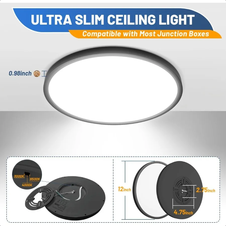 LEDシーリングライト フラッシュマウント 24W 12インチ 3000K 4000K 6500K 丸型フラットパネルライト