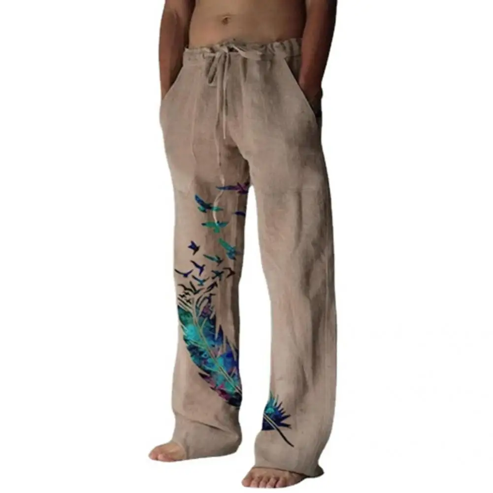 

Casual Men's Feather Print Straight Leg Trousers Faion Urban Sle Polyester Blend Fabric Anti-Wrinkle Long Pants