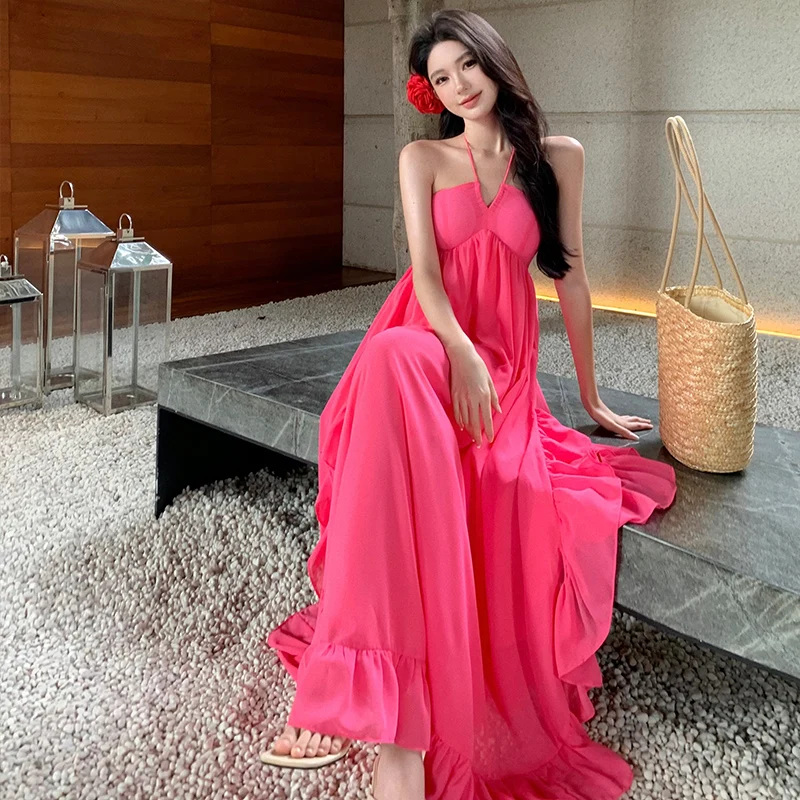 Women Long Sexy Chiffon Sundress Summer 2024 Halter Elegant French Fairy Dress Honeymoon Vacation Party Night Runway Dresses New