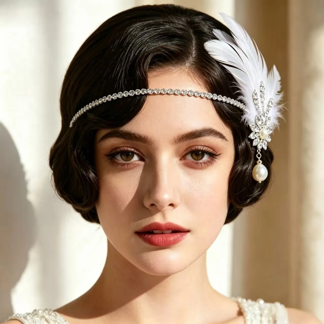 Flapper Headpiece Sparkling Rhinestone Feather Head Chain Gatsby Hair Accessory for Women Wedding Party Prom Gatsby Costume