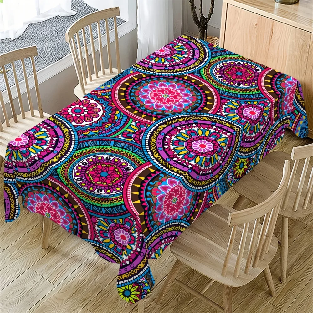 2D Printed 59X59In/150X150Cm Vibrant Mandala Floral Tablecloth - Rectangular, Washable Polyester with Retro Boho Ethnic Design for Kitchen, Dining Room And Party Decor, Vibrant Table Decor|Floral Pattern|Polyester Fabric