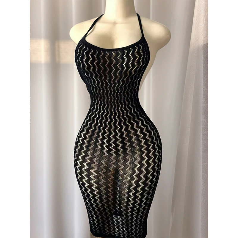 Mesh Beach Cover Up Dress Women hollow Out Sheer Fishnet Bodycon Dress Sexy Music Festival Rave Outfit Swimwear Coverups - view 3