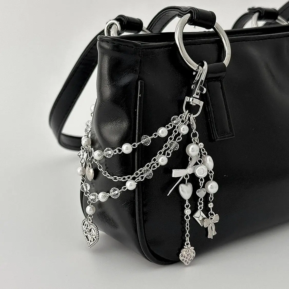Shxin moda imitação de pérola acrílico chaveiros feminino doce amor coração pingente chaveiro saco mochila chaveiro y2k acessórios