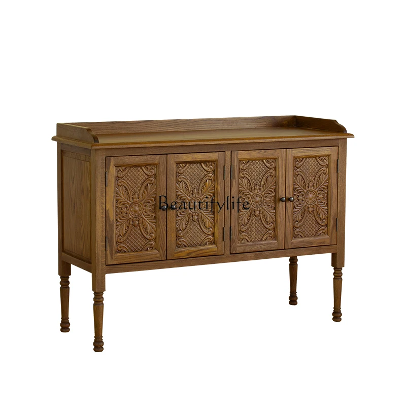 

American rural solid wood dining side cabinet retro pastoral carved oak porch cabinet