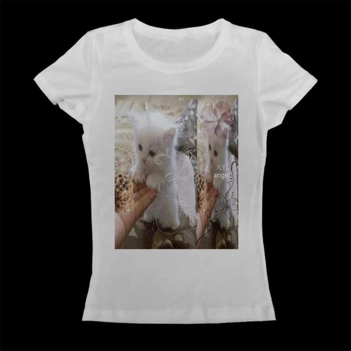 Angel White Kitten Unicorn Cookie T Shirt Women Coquette Aesthetic Floral Print Short Sleeve T-shirt Summer Ladies Graphic Tee T