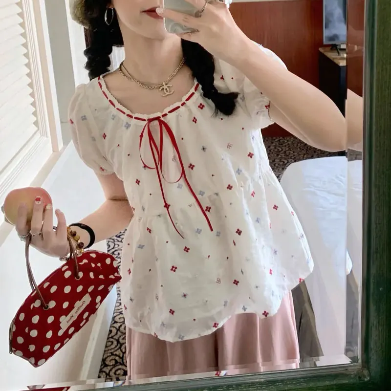 

Female Clothing Floral Embroidery Shirts Sweet Puff Sleeve Summer New Lace Fashionable Drawstring Bow Loose Casual O-Neck Blouse