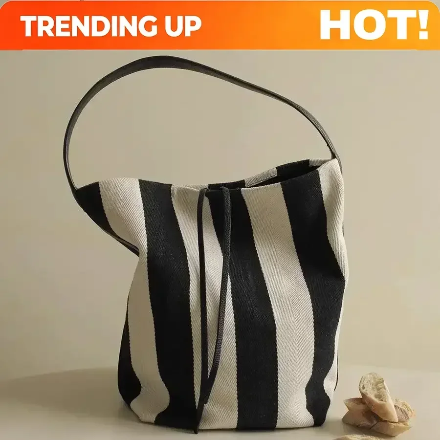 Women Tote Bag Striped Canvas Casual Fashion Simple SOFT Shoulder Bag Purses and Handbags High-Capacity