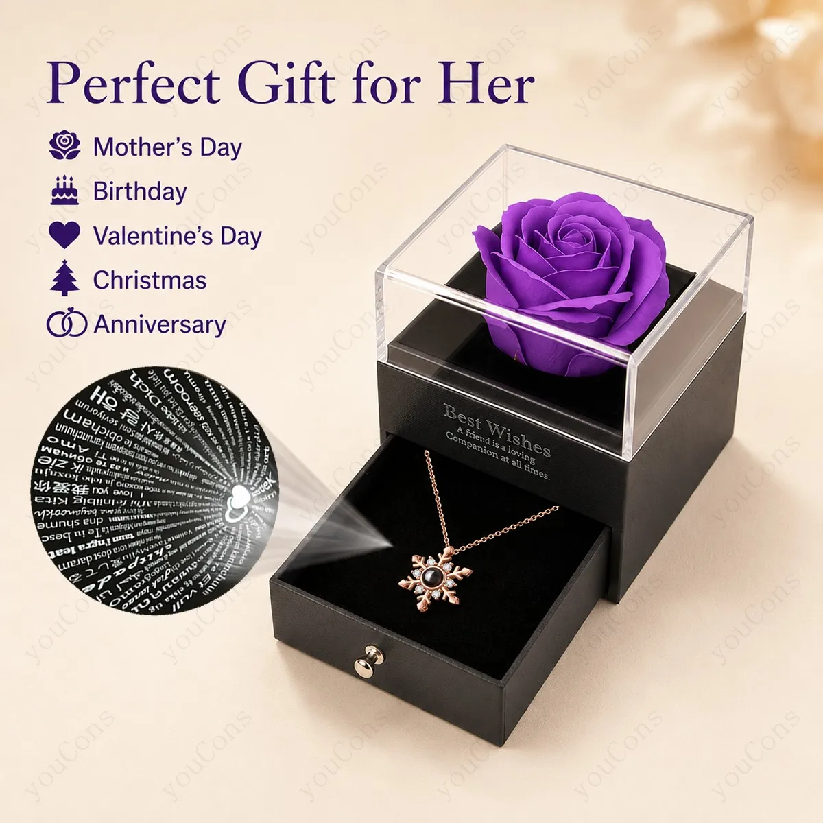 100 Languages I Love You Projection Necklace Snowflake Pendant With Multi Color Rose Gift Box Valentine's Christmas For Women