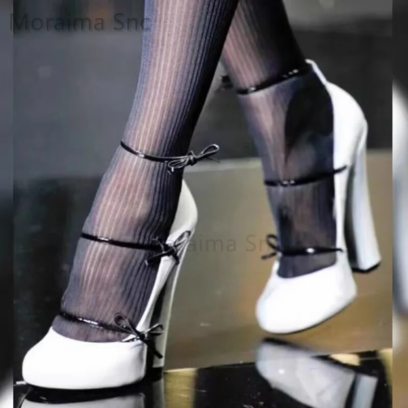 

Bow Knot Single Shoes for Women Black White High Heels Round Head Chunky Heel Mary Janes Show Women's Shoes Fashion Pumps