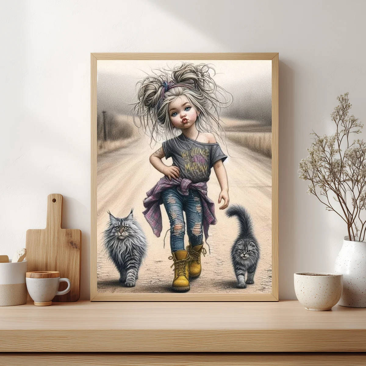 1 Stück 30x40cm/11,8x15,7 Zoll, 11Ct/14Ct Kreuzstich-Set, DIY Valentinstagsgeschenk, Stickerei-Set für Festivals, Punk-Mädchen mit Katzen – Detail 2